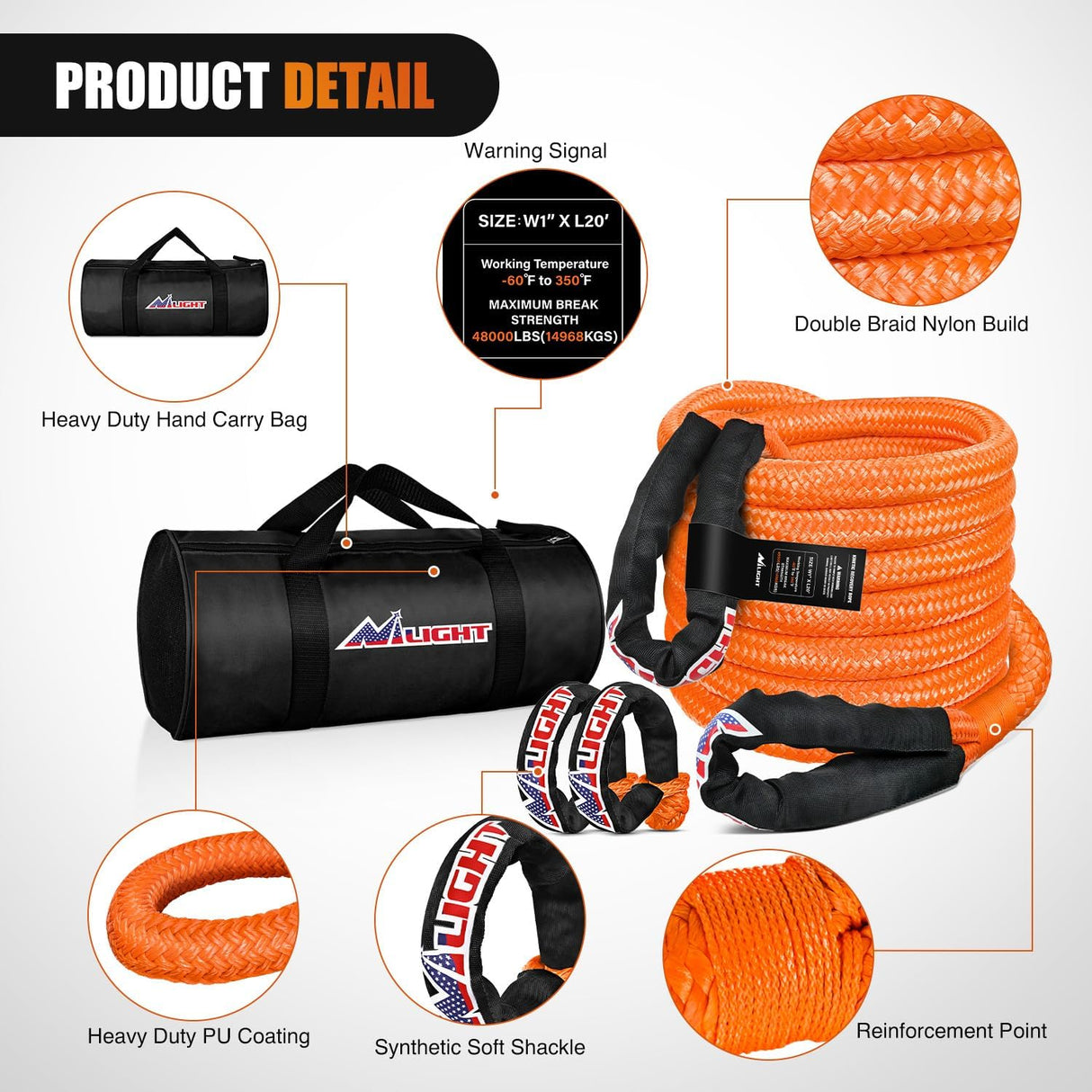 Kinetic Recovery Tow Rope Kit with 2 Soft Shackle 1 Inch x 20ft Heavy Duty Offroad Tow Rope Snatch Strap Towing Strap kit 48,000LBS for UTV ATV SUV Truck Car Jeep Tractor