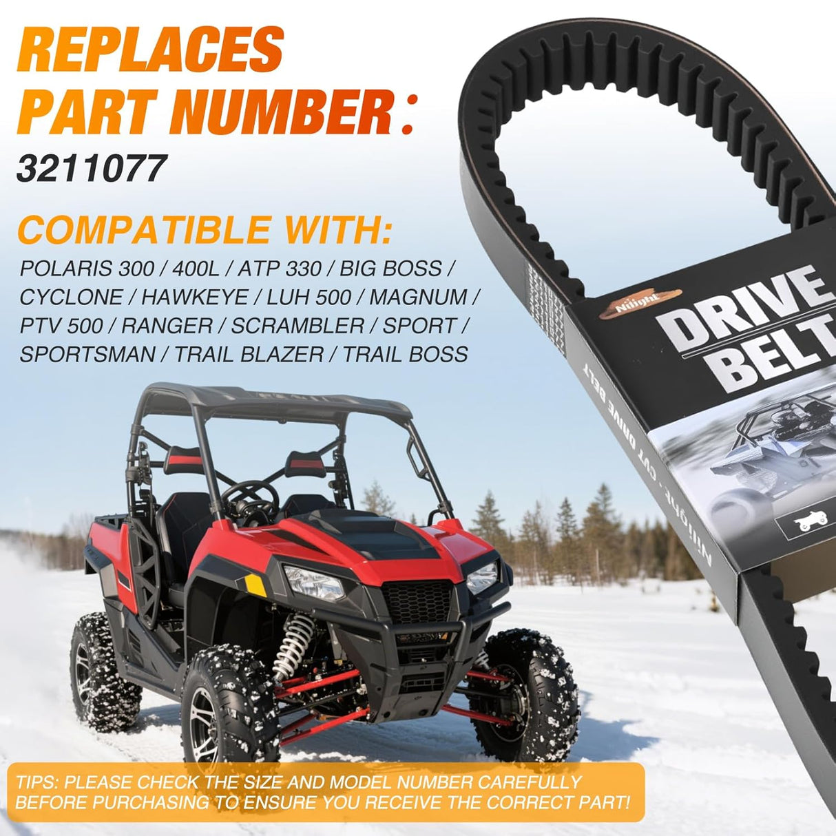 Drive Belt 3211077 for Polaris CVT Belts Compatible with Polaris Sportsman 500 335 400 450 Scrambler 500 Ranger Magnum Blazer Trail Boss Big Xpress Xplorer 4x4 ATV UTV Replaces 3211048 20G4022