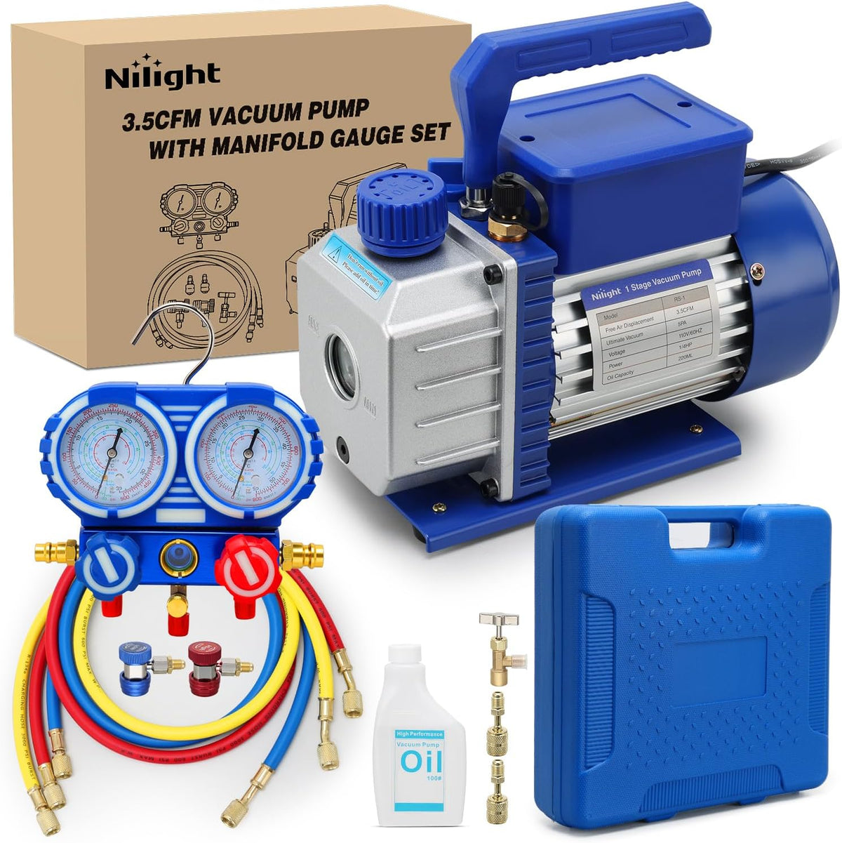 AC Vacuum Pump and Gauge Set, 3.5 CFM 1/4 HP 110V Single Stage HVAC Vacuum Pumps & Manifold Gauge Set Kit for R22 R404a R134a R410a, for Auto Air Conditioning Servicing Refrigerant Recharging