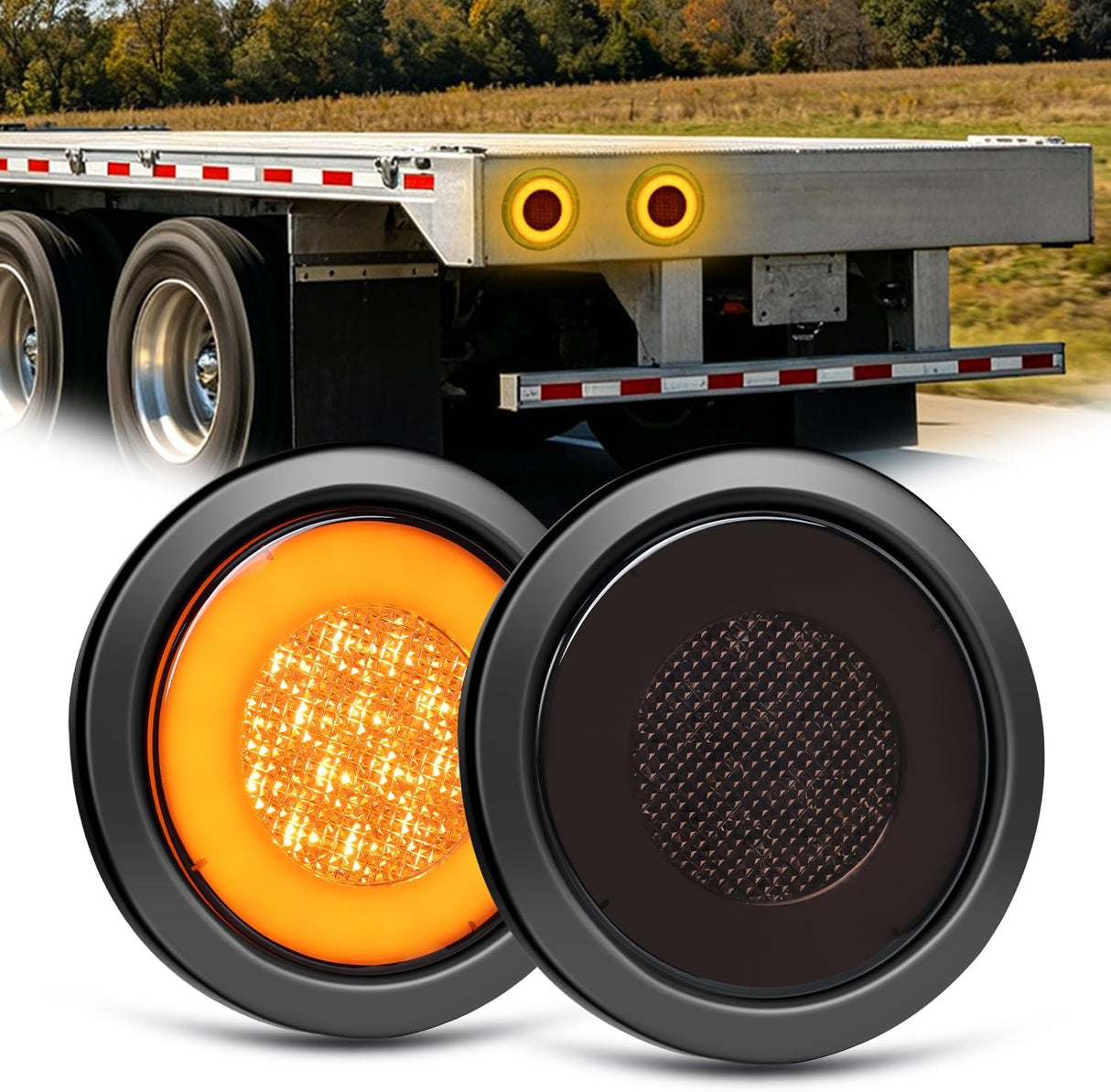 Trailer Tail Lights 2PCS 4Inch Round 32LED Smoked Amber Halo | Grommet Mount IP67 Waterproof Marker Clearance Stop Brake Turn Running Taillights for Trailer Truck Pickup Camper RV