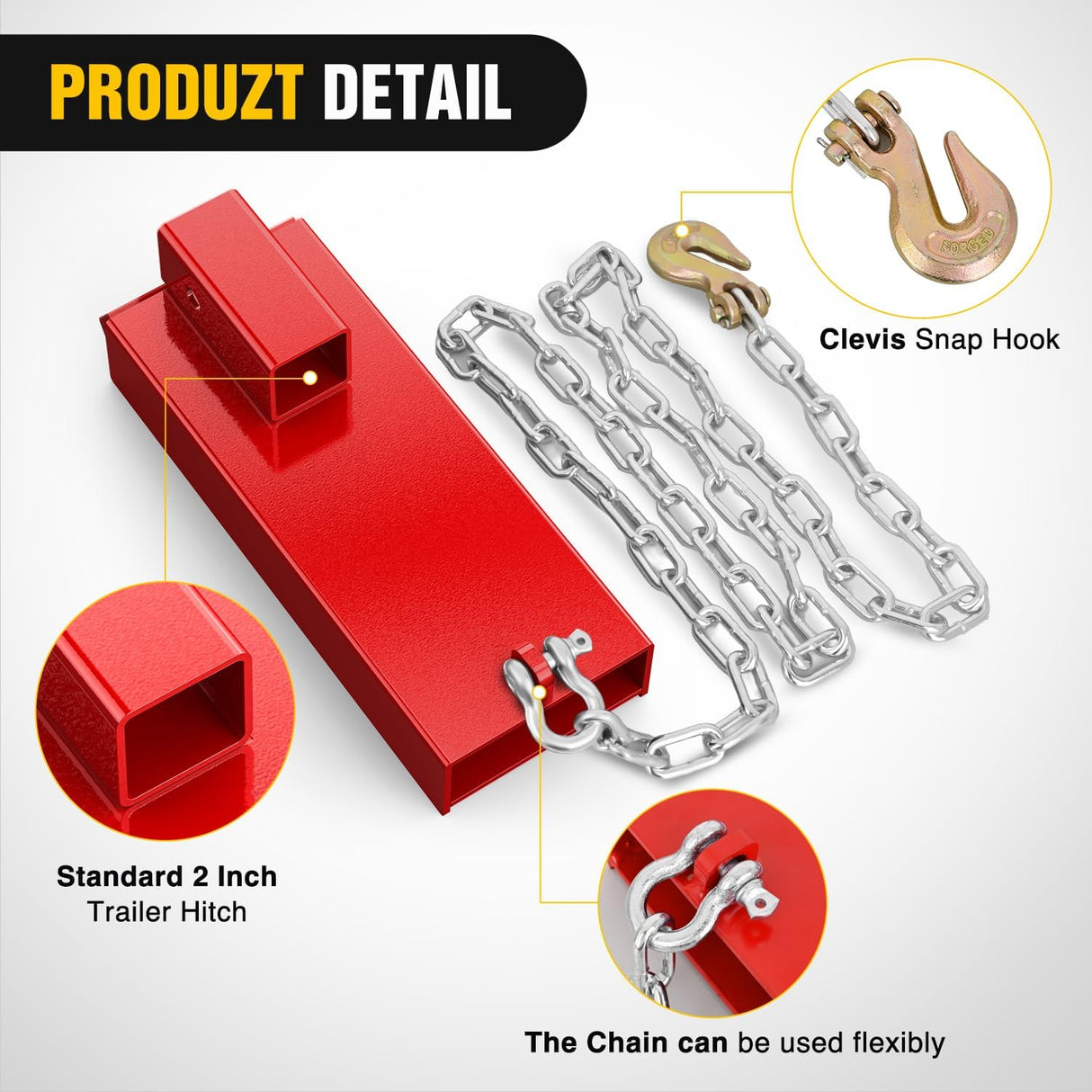 Forklift Trailer Hitch Attachment Fits 2 Inch Receiver Clamp on Pallet Fork Trailer Towing Adapter with Safety Chain & Hook Red