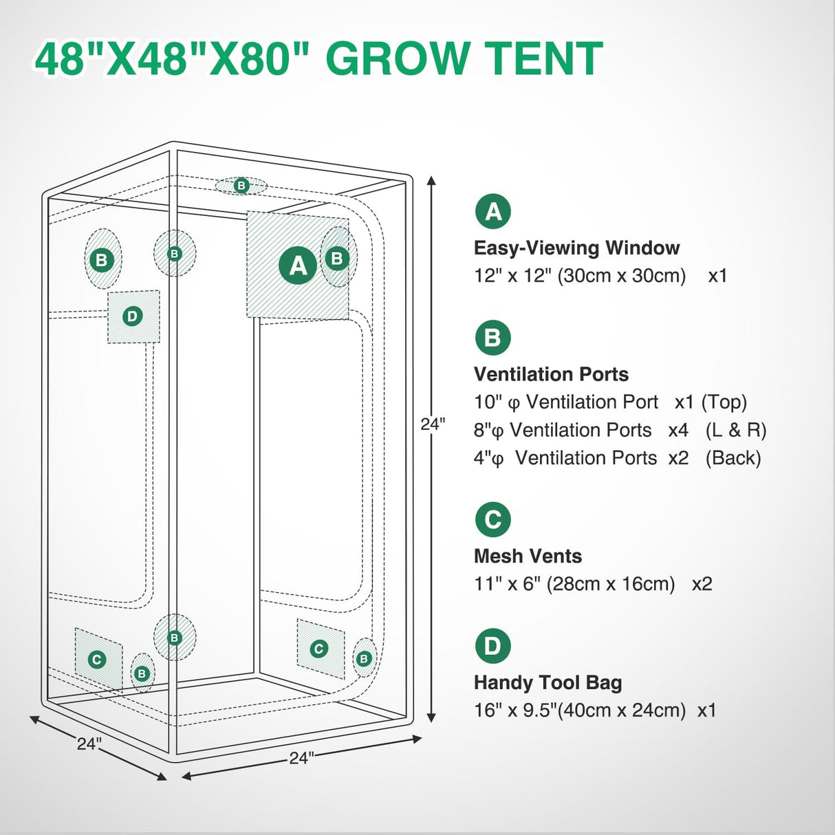 4x4 Grow Tent 48 Inchx48 Inchx80 Inch High Reflective Mylar Indoor Growing Tents 600D Oxford Cloth with Observation Window and Removable Floor Tray for Hydroponics Indoor Plants Fruit Flower Veg Growing