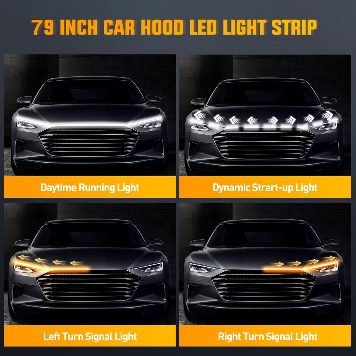 79-Inch LED Hood Strip, White Dynamic Startup DRL Sequential Amber Turn Signal, Waterproof for Cars, SUVs & Trucks