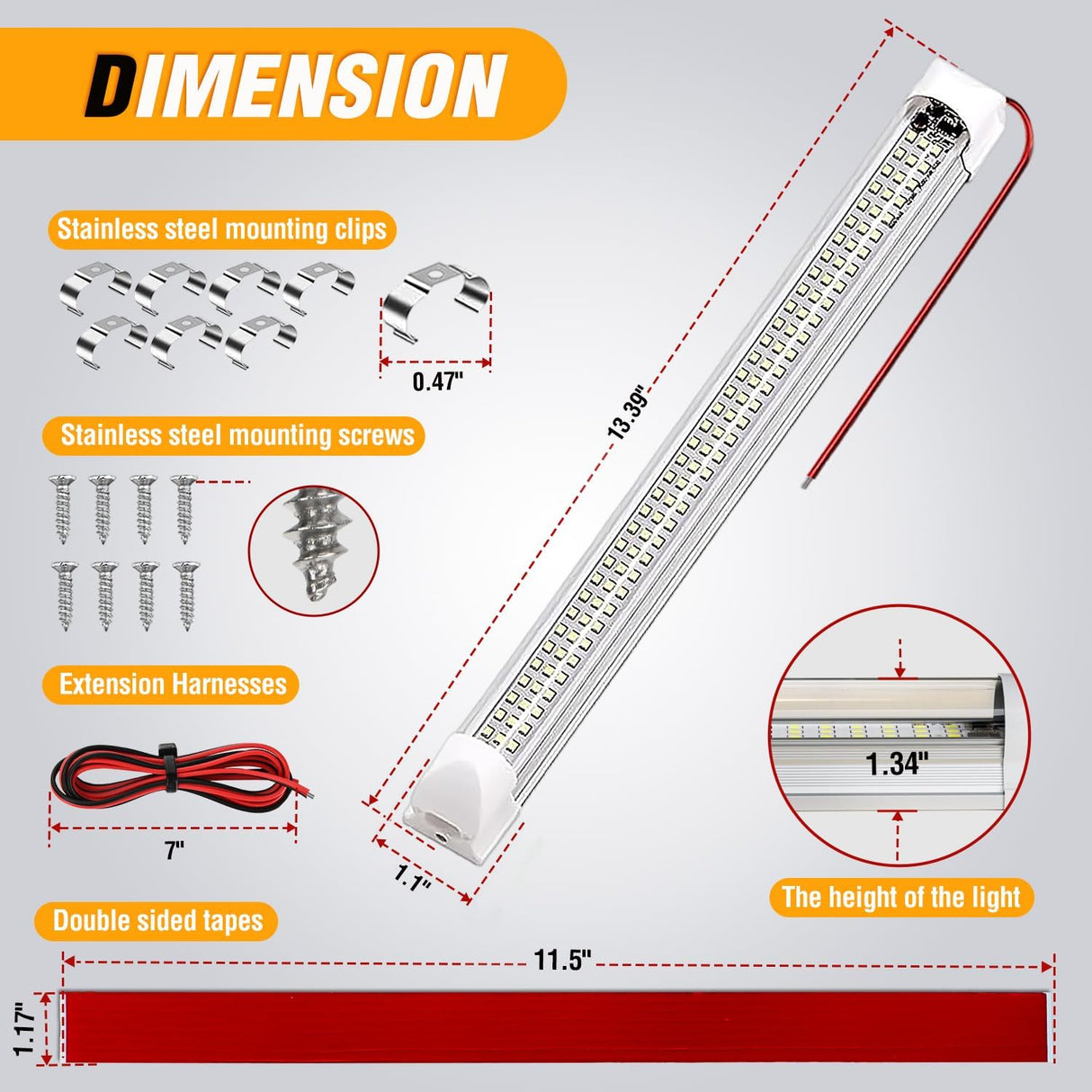 LED Interior Light Bar 4PCS 13.4 Inch Strip Lights | 108 LEDs with 1600LM Output On Off Switch and 12V to 85V Compatibility for RV Camper Enclosed Cargo Trailer Boat and Van