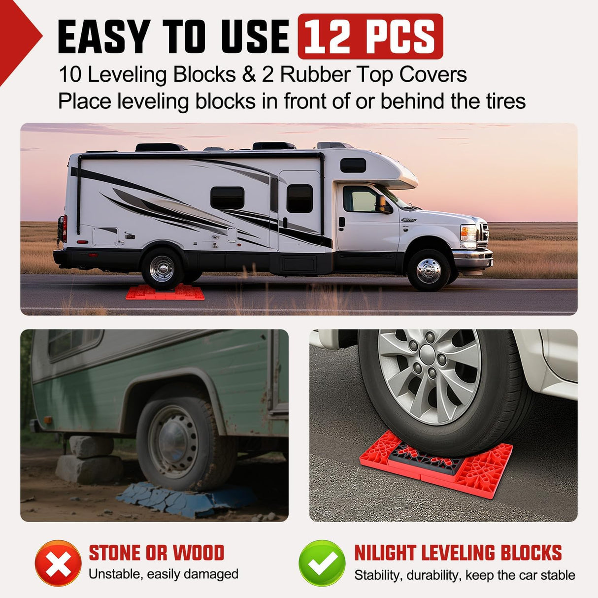 RV Leveling Blocks 12 Pack Interlocking Design Stabilizer Block Anti-Slip Rubber Covers Customizable Height with Carrying Bag for Rv Camper Travel Trailer
