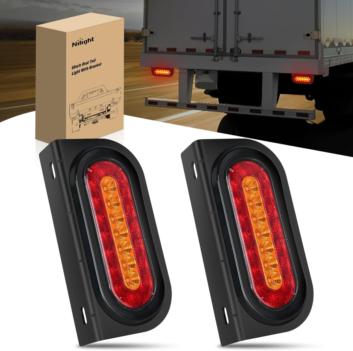 6 Inch Oval Trailer Tail Light 2 PCS Red Brake Stop Amber Left Right Turn Signals Lights with Flush Mount Grommets Plugs Mounting Brackets for RV Truck Luggage Rack