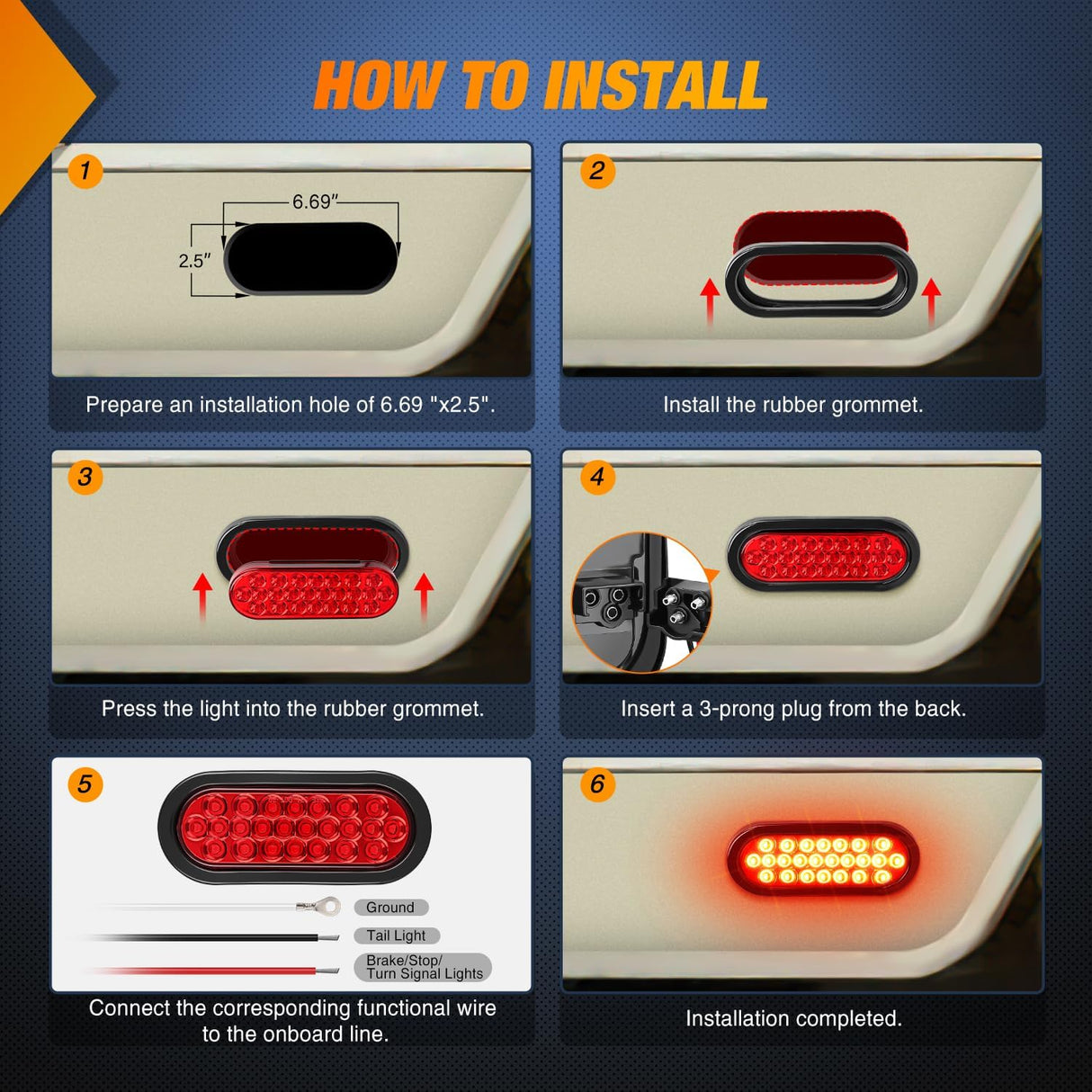 6 Inch Oval Red 24Leds Trailer Tail Lights 4Pcs Nilight