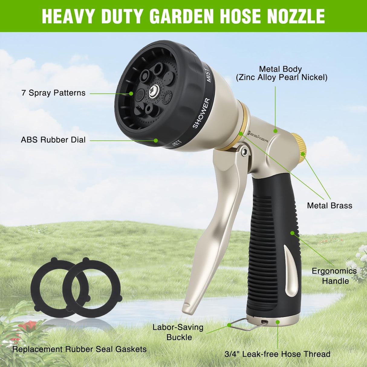 Garden Hose Nozzle, Water Hose Sprayer Nozzle Adjustable 7 Spray Patterns Heavy Duty Metal Water Nozzles for Hose Outdoor with Non-Slip Rubber Grip for Watering Plants Lawns Washing Cars Pets