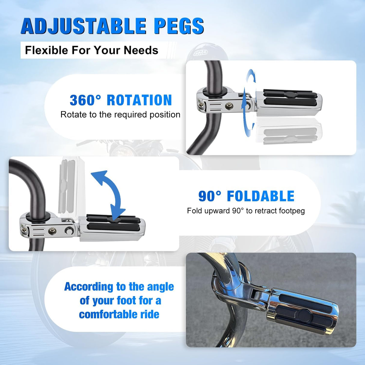 1-1/4 Inch Motorcycle Highway Pegs Adjustable 360° Angled Foot Pegs P-Clamp Universal For 1.25 Inch Engine Guard Crash Bars FootPegs Fits for Harley Davidson Touring Road King Street Glide Sportster