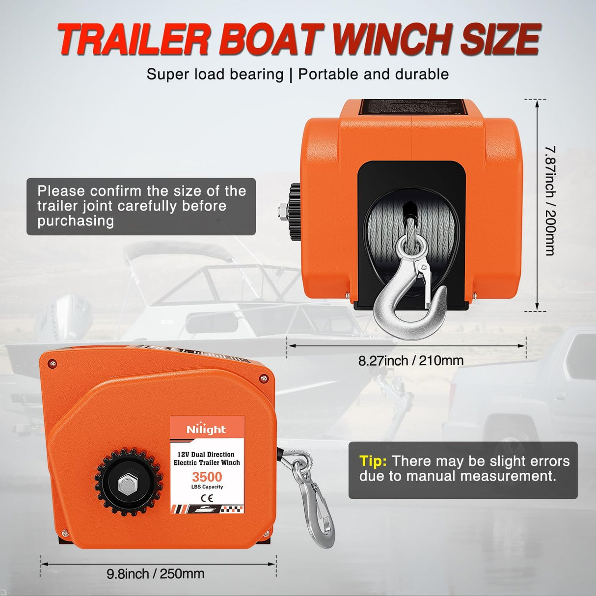 Boat Trailer Winch 3500 lbs Portable Electric Boat Winches 12 V DC Marine Winch with Steel Cable Remote Control & Hand Crank Power-In Freewheel Operat Waterproof Winch for Boat Trailer, Orange