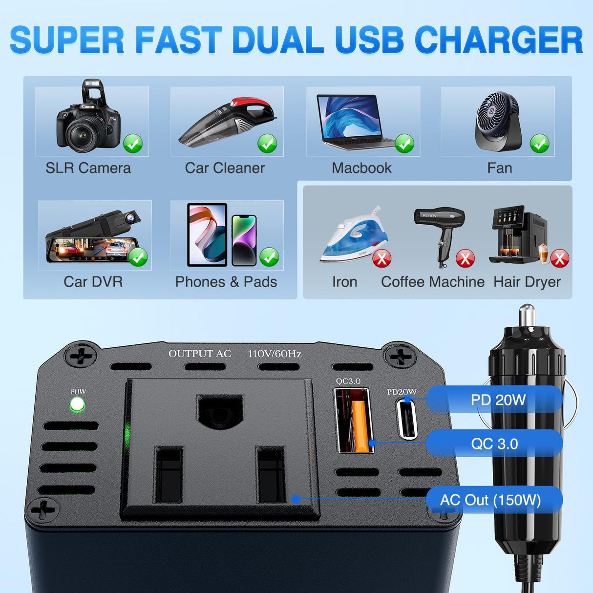 150W Power Inverter 12V DC to 110V AC Car Converter with PD 30W USB C & QC3.0 for Phones Tablets Laptop Computer Game Console Kindle iPad DVD Players Black