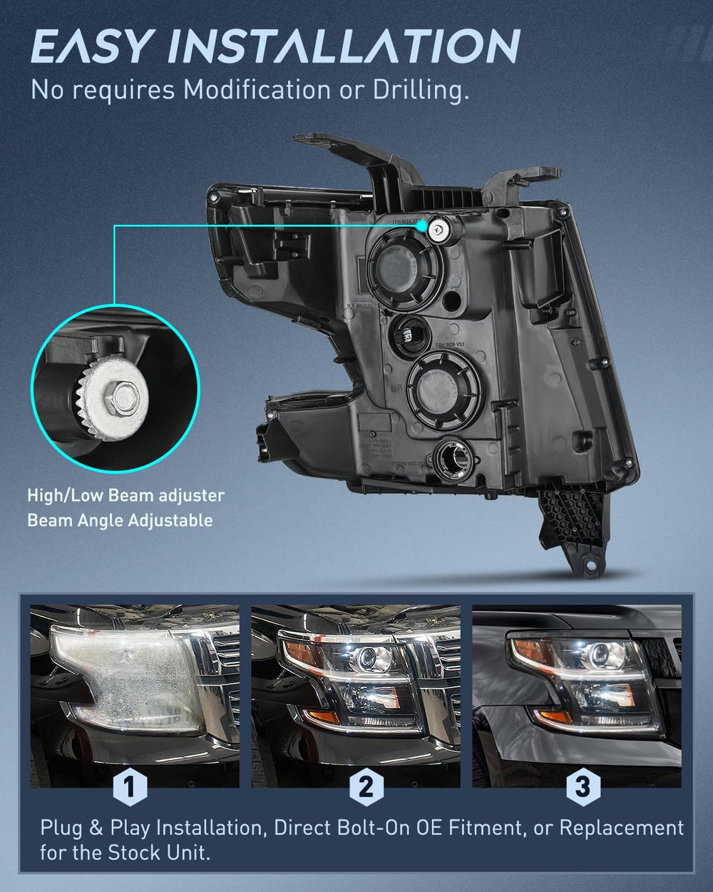 2015-2020 Chevy Tahoe Suburban Headlight Assembly Black Housing Amber Reflector Clear Lens Nilight
