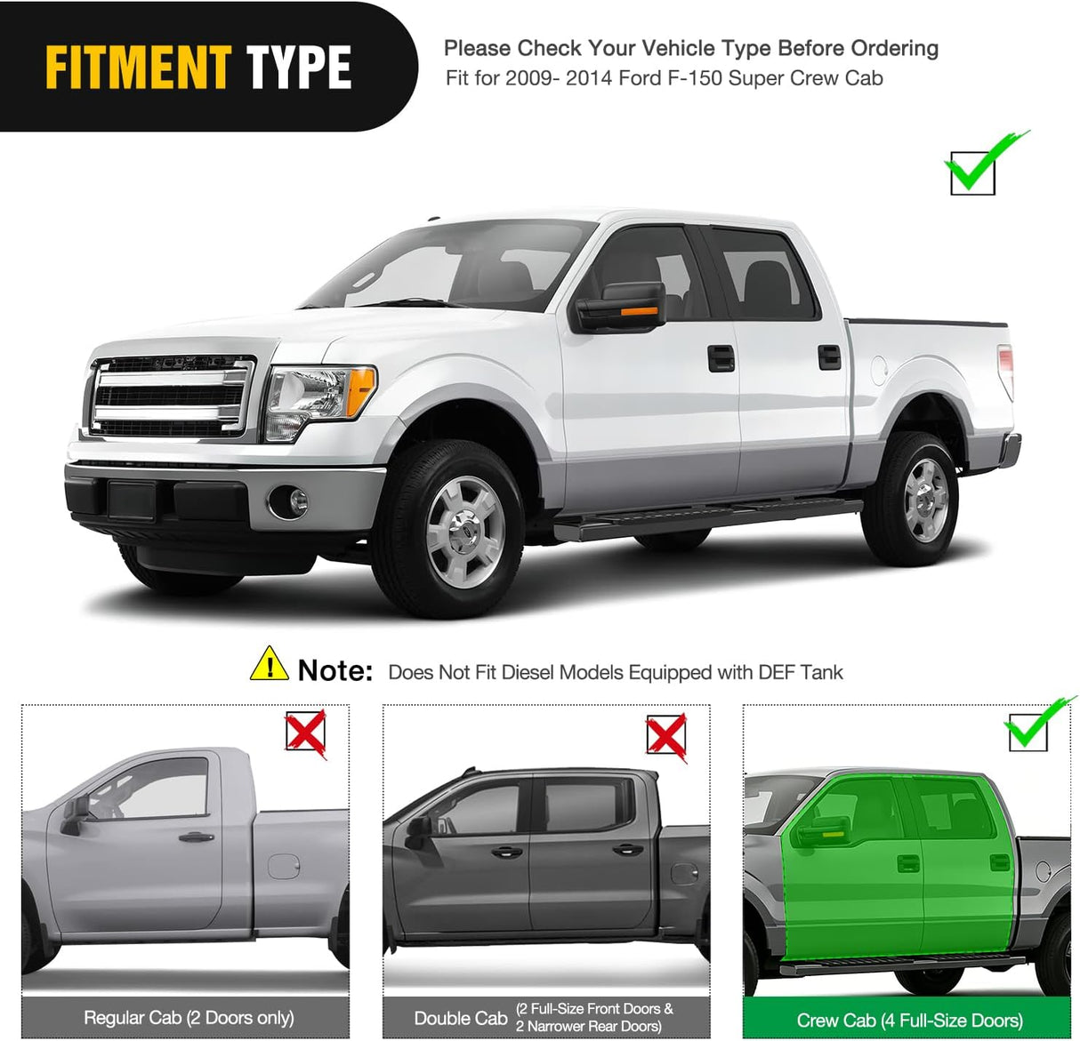Running Boards for 2009-2014 Ford F-150 Super Crew Cab 4 Full Size Doors 6 Inch Side Step Nerf Bars Black