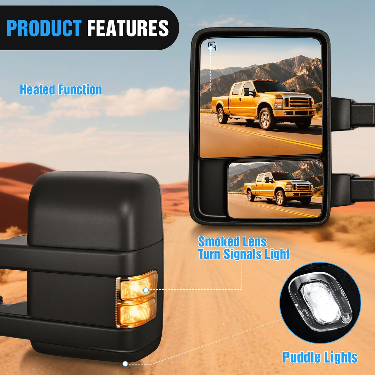 Towing Mirrors Turn Signal Puddle Lights Power Heated Adjustable Glass Manual Telescoping Folding Compatible With 2008-2016 Ford F250 F350 F450 F550 Super Duty