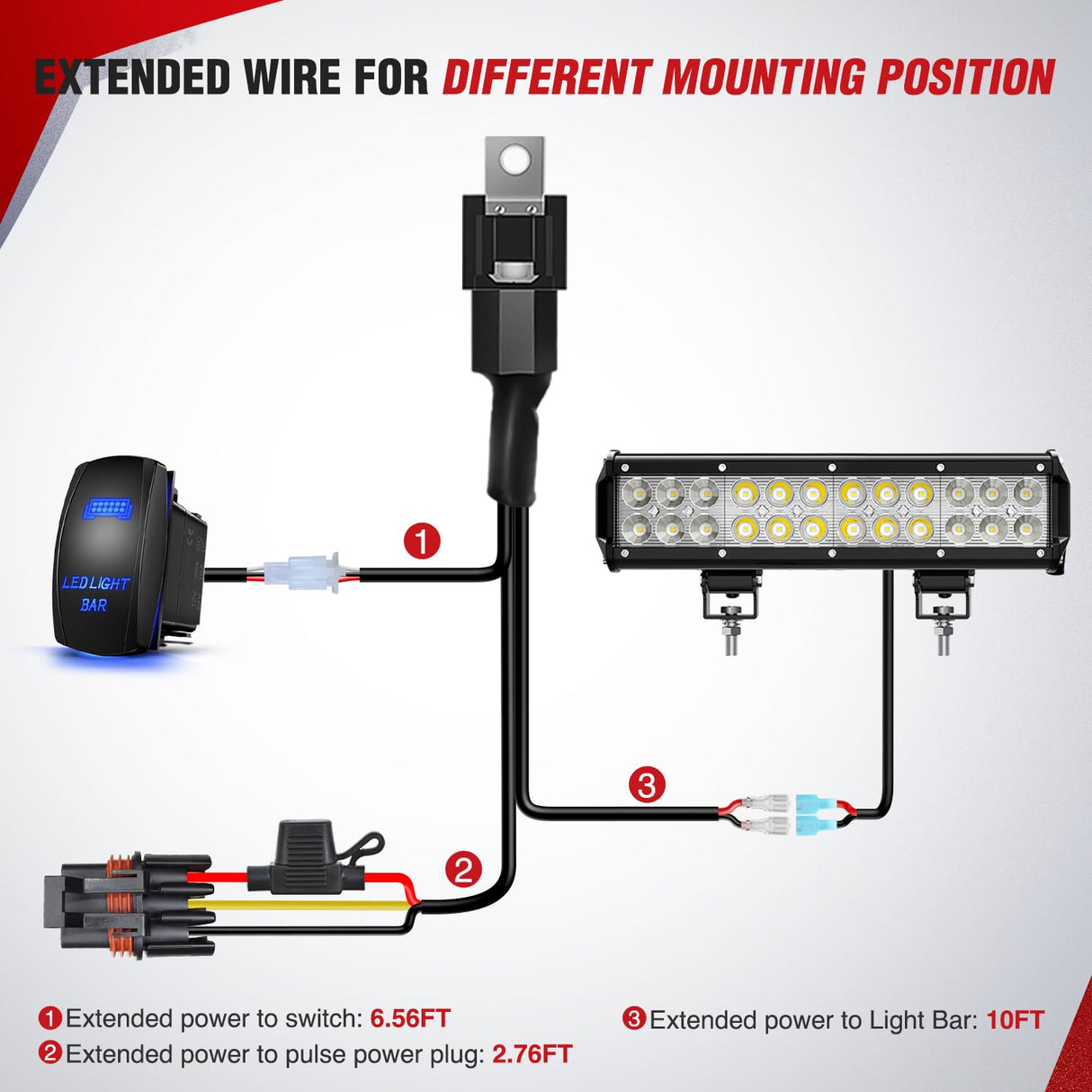 14AWG LED Light Bar Wiring Harness Kit with Pulse Power Plug | Connector 12V On Off 5Pin Rocker Switch Relay Fuse for Polaris RZR General Ranger Pulse Bus bar - 1 Lead Blue