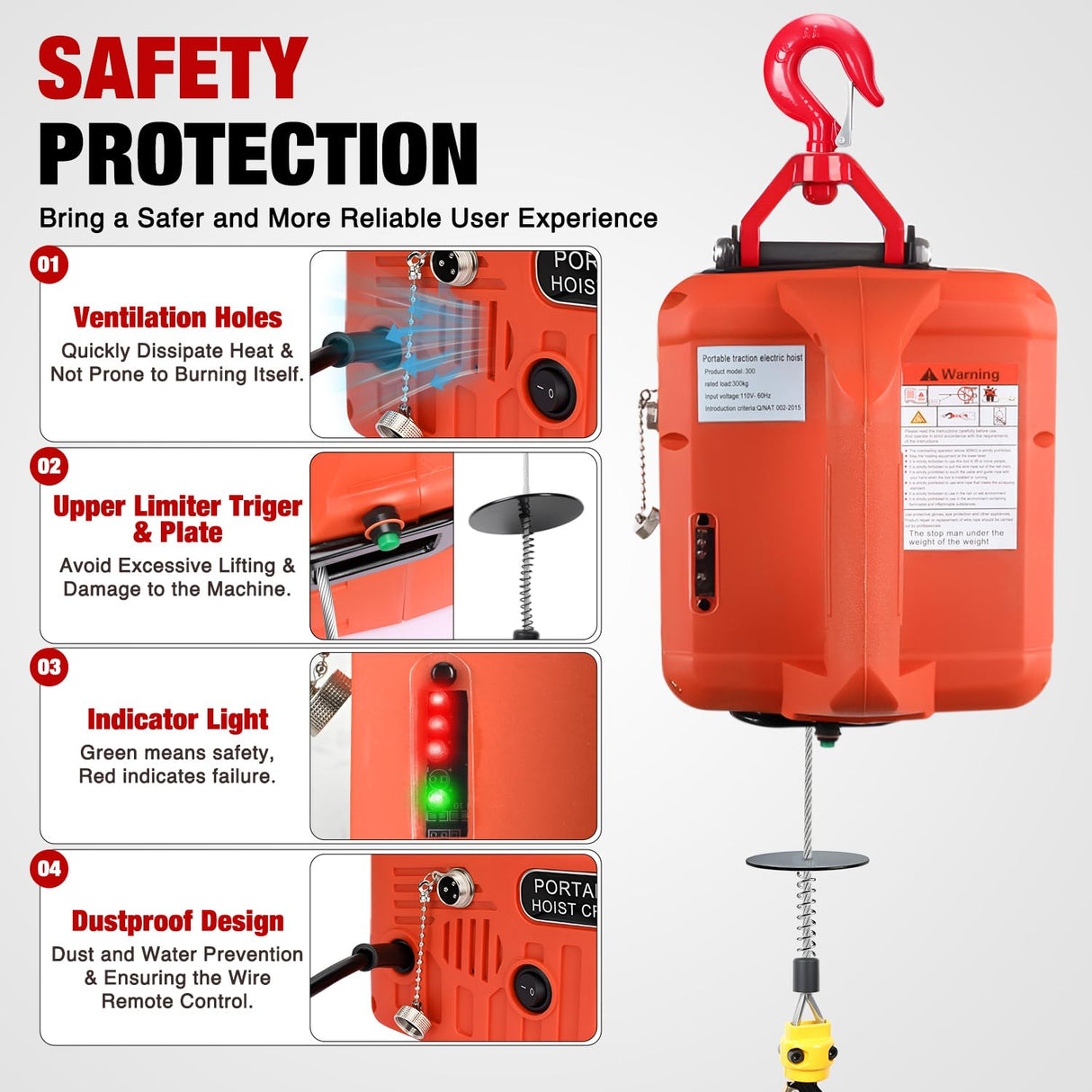 3-in-1 Electric Hoist Winch, 1100LBS 1500W Portable Power Winch Crane with Manual Wired Wireless Remote Control, 110V Electric Hoist 25FT Lifting Height for Garage Warehouses Factories, Orange