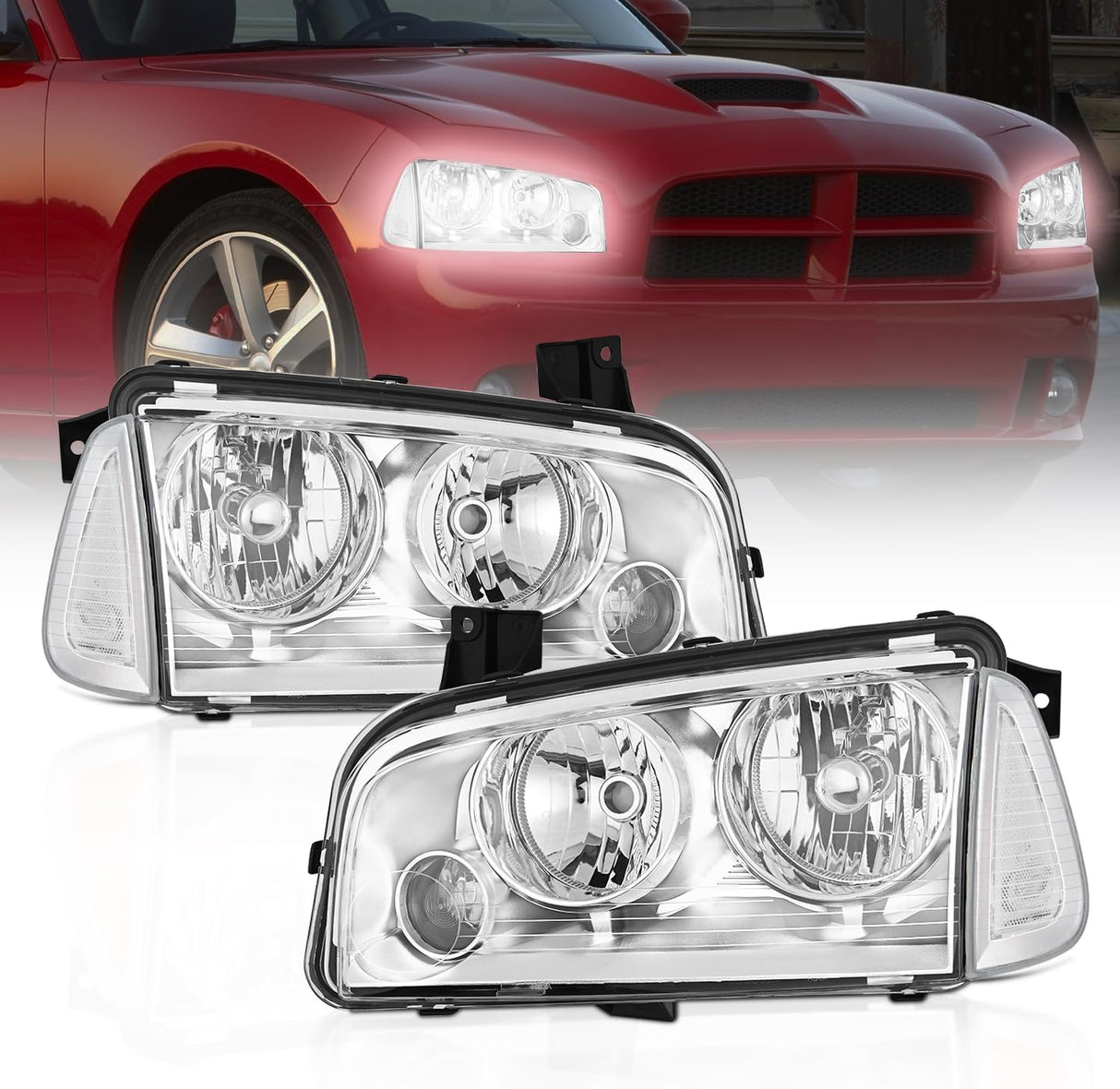 Headlight Assembly Compatible with 2006 2007 2008 2009 2010 Dodge Charger Chrome Housing Clear Reflector Lens Headlights Replacement Bumper Lamp Set Driver and Passenger Side