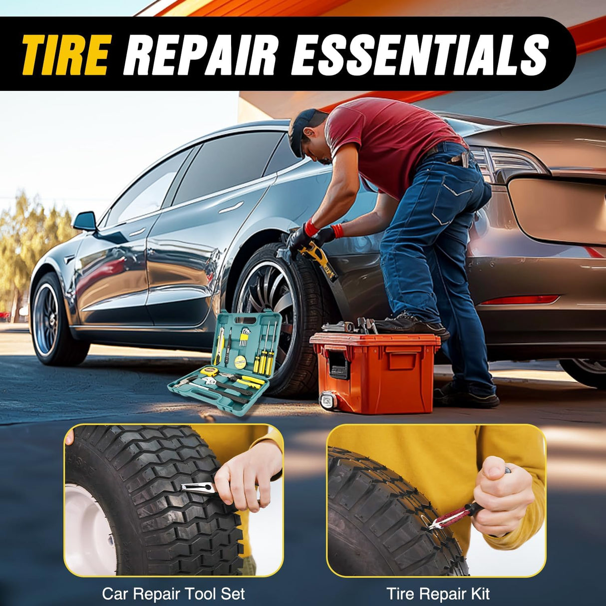 Car Emergency Kit with Jumper Cable Air Compressor Tire Repair Essential Tools First Aid Alligator Connector Electrical Kit for Travel Camping Outdoor Cars Truck SUV RV