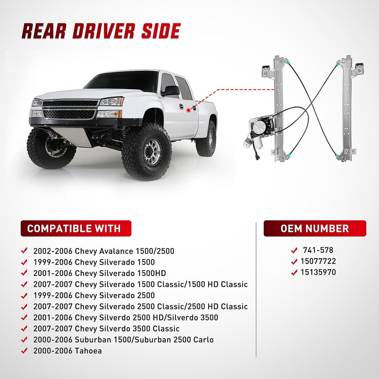 2001-2006 Chevrolet Avalanche Silverado Suburban GMC Sierra Yukon XL 1500 2500 3500 Rear Driver Side Power Window Regulator Nilight