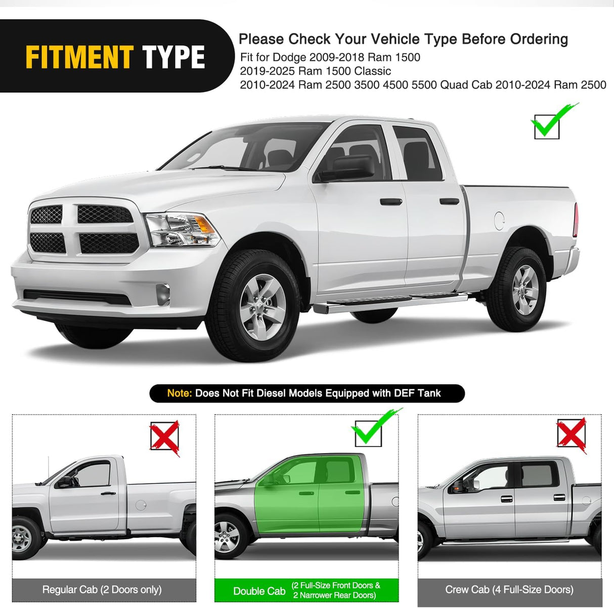 Running Boards for 2009-2018 Dodge Ram 1500 Quad Cab 2019-2024 ram 1500 Classic Body Quad Cab 2010-2024 Dodge ram 2500 3500 6 Inch Side Step Nerf Bars Stainless Stee