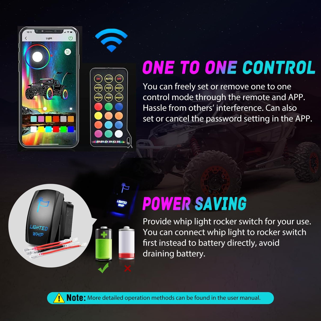 LED Whip Light 2 PCS 4FT COB RGB Lighted Antenna Whips with Spring Base Remote & App Control DIY Patterns Turn Brake Reverse Lights for Can-am Offroad ATV UTV RZR Polaris Dune Buggy Truck