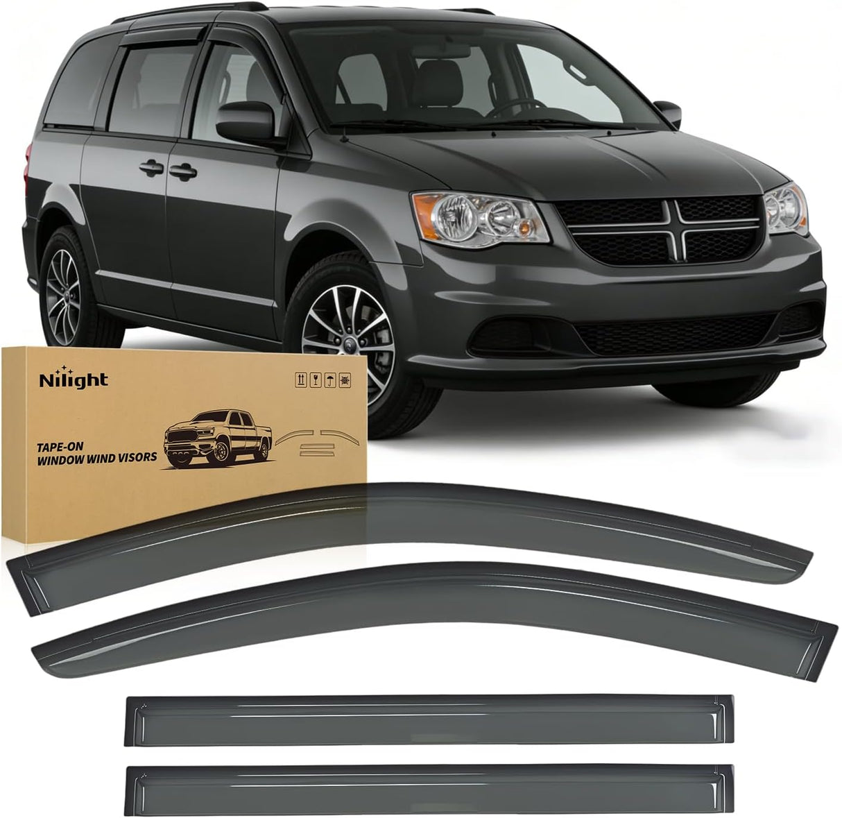 Window Visors for Dodge Grand Caravan 2008-2020 Outside Mount | For Chrysler Town & Country 2008-2016, VW Routan 2009-2012, Tape-On Rain Guards Vent Visors Smoke Tint, 4PCS