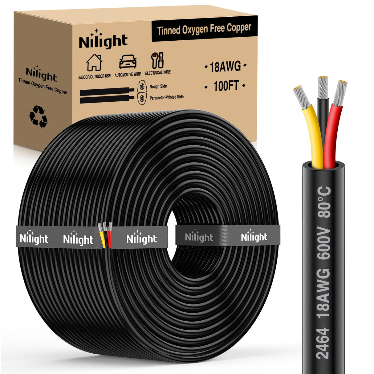 100FT 18AWG 3 Conductor Electrical Wire Tinned Oxygen Free Copper Red Black Yellow 3 Wires Parallel 600V DC Flexible PVC Case Extension Cords for LED Strips Lamps Lighting