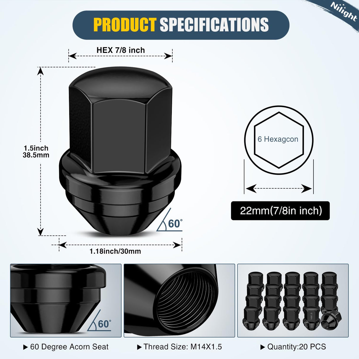 20PCS M14x1.5 Lug Nuts Compatible with 2012-2018 Ram 1500 | for 2019-2022 Jeep Wrangler/Gladiator 2011-2024 Grand Cherokee One-Piece Solid Black Steel OEM Factory Wheel Nuts Replace