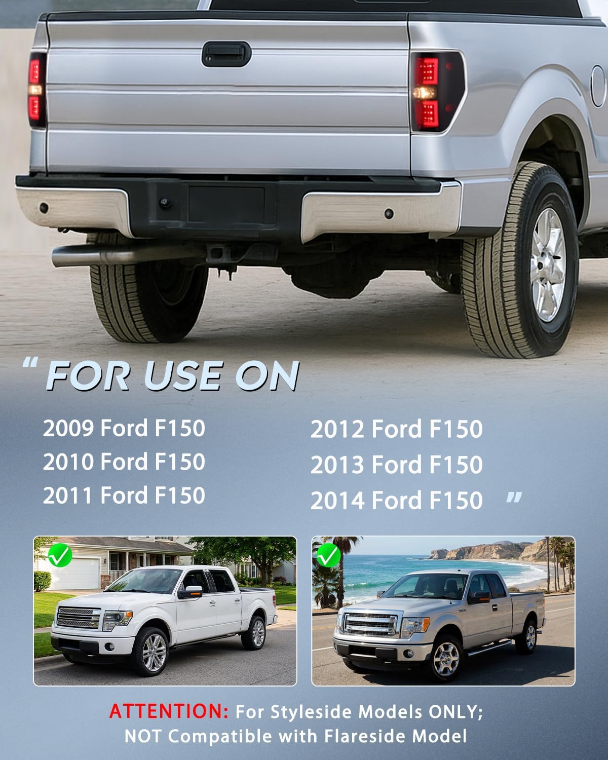 Taillight Assembly Compatible with 2009 2010 2011 2012 2013 2014 Ford F150 Incandescent Type Styleside Upgrade LED Tube tail lights; Rear Brake Lamps Smoked Lens