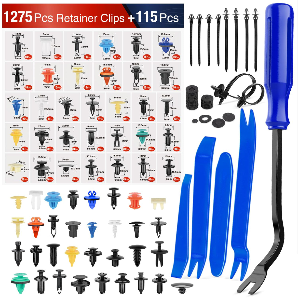 1390Pcs Car Push Retainer Clips Auto Fasteners Kit Included 33 Most Popular Sizes Nylon Bumper Fender Rivets with 1 Fasteners Remover 10 Cable Ties for Toyota GM Ford Honda Chevy