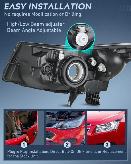 2011-2015 Chevy Cruze 2016 Cruze Limited Headlight Assembly Chrome Housing Clear Reflector Nilight