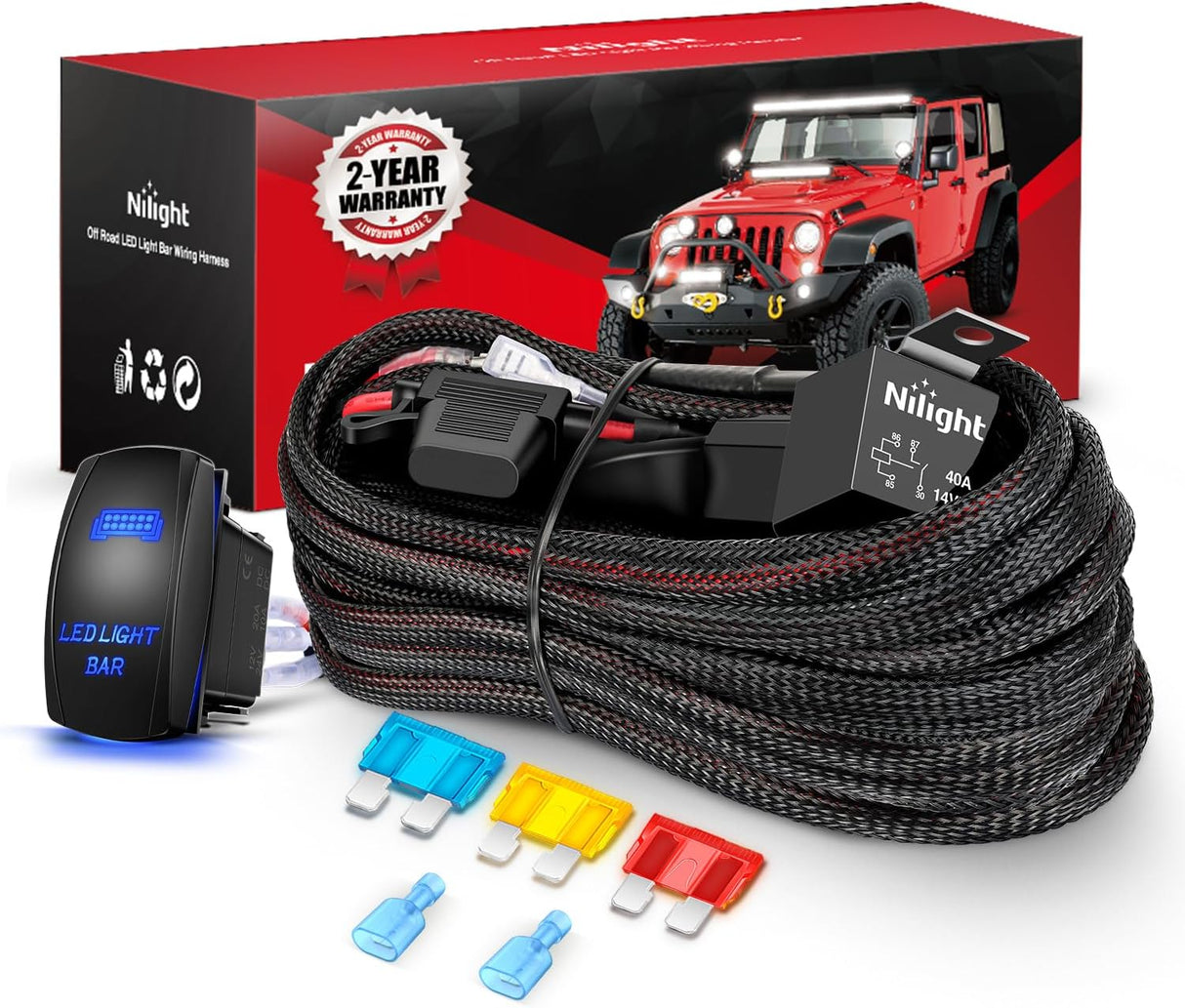 Wiring Harness Kit Nylon 14 AWG 1 Lead 12V 5Pin Rocker Switch Laser On Off Power Relay Blade Fuse for LED Light Bar Off Road Lights on Cars Jeep Boat Trucks