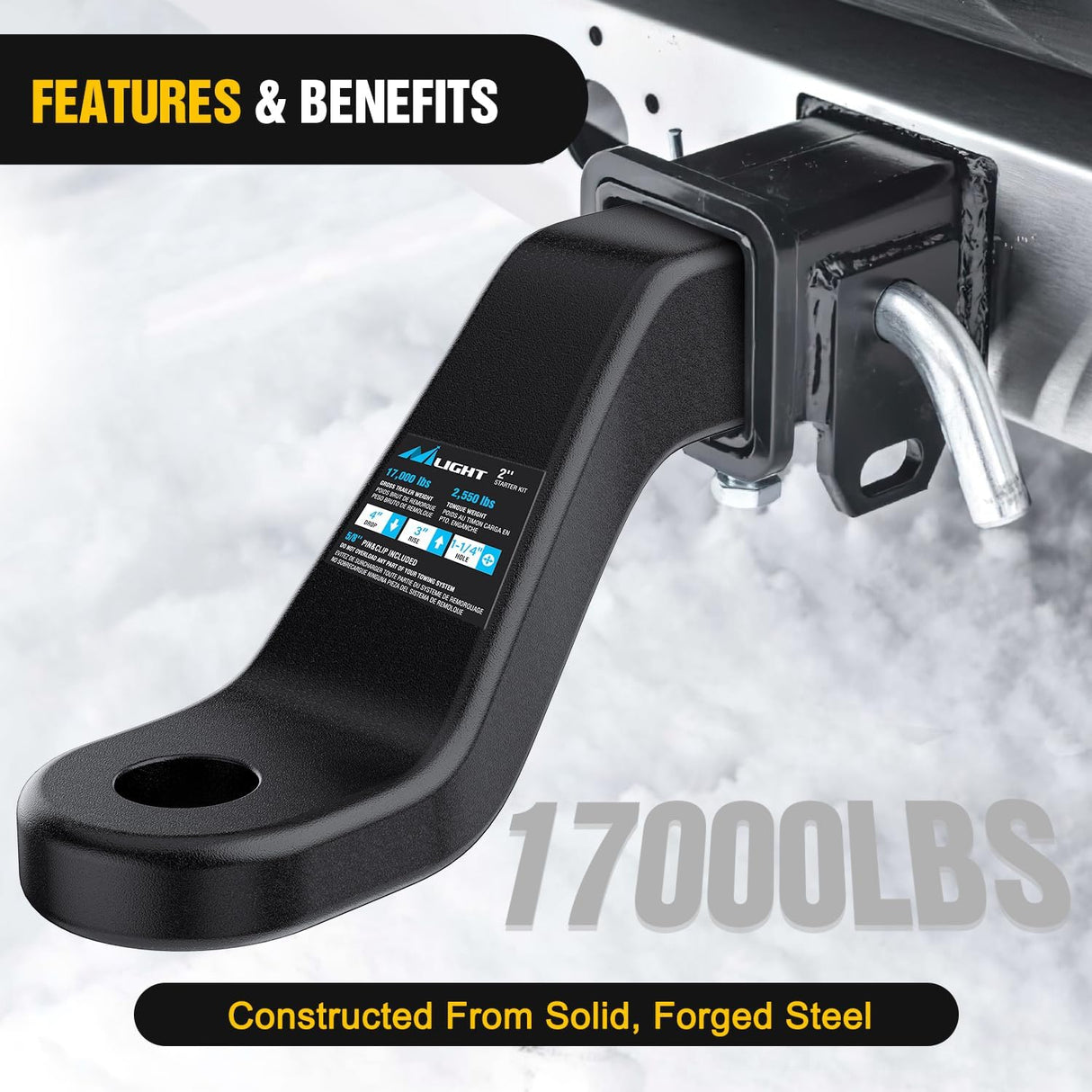 Forged Trailer Hitch Mount Fits 2 Inch Receiver Square 5/8 Inch Hitch Pin Clip 17000 lbs 4 Inch Drop, 1-1/4 Inch Hole, Gloss Black Powder Coat