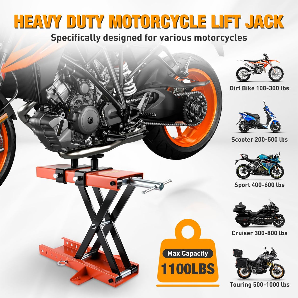 Motorcycle Lift 1100 LBS ATV Scissor Jacks with Saddle Safety Pin Crank Handle 3.7 Inch-15.7 Inch Hoist Stand Heavy Duty Steel Lifter Jack for Motorcycles Dirt Bike Garage Storage Repair Tool, Orange