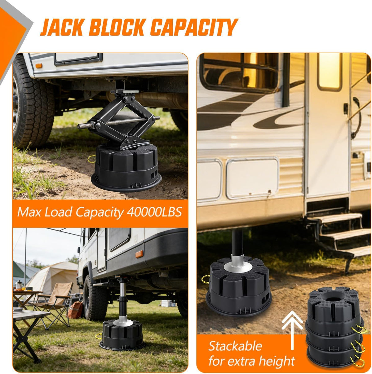 Trailer Jack Block, 6 Inch RV Camper Stabilizer Blocks for Travel Trailer with Bag, Heavy Duty RV Leveling Block with 40000lbs Capacity Universal for Tongue Jack Post Foot 5th Wheels Black 1 Pack