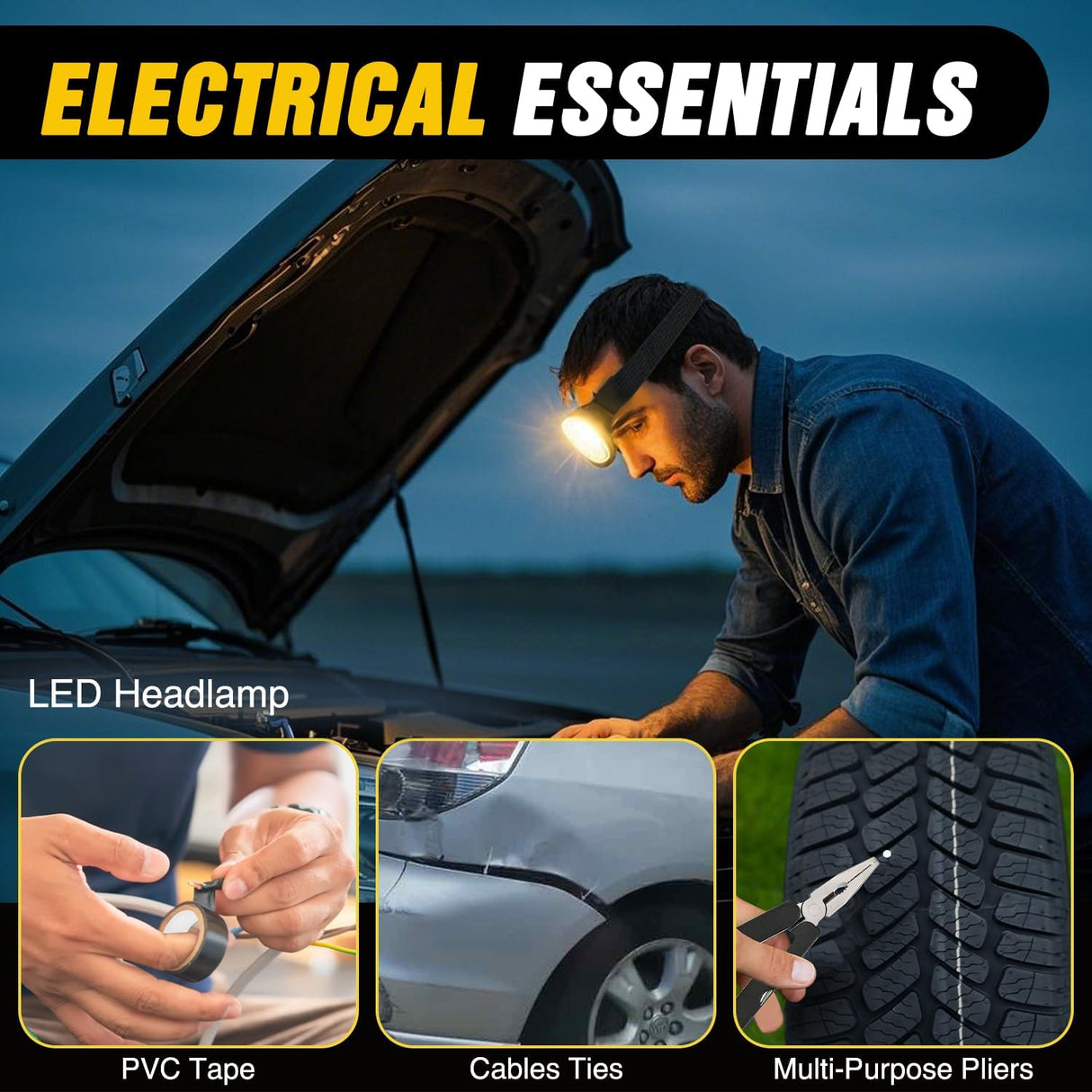 Car Emergency Kit with Jumper Cable Air Compressor Tire Repair Essential Tools First Aid Alligator Connector Electrical Kit for Travel Camping Outdoor Cars Truck SUV RV