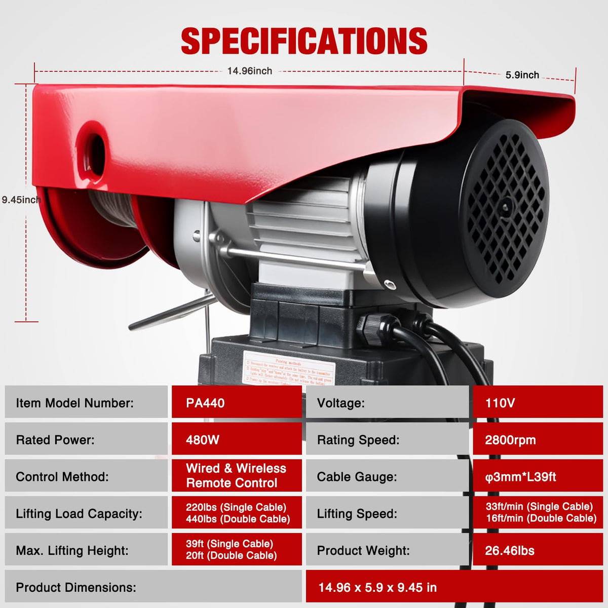 440LBS Electric Hoist 110V Electric Hoist Winch with Wireless & Wired Remote Control, Hoist Lift Winch Single/Double Slings 39FT Lifting Height w Emergency Stop for Garage Warehouse Factories