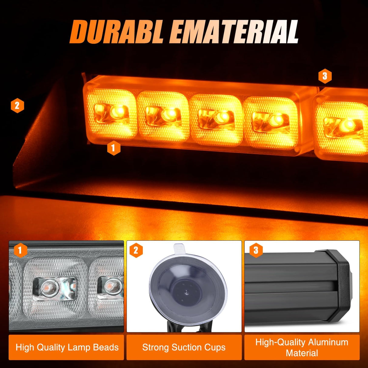8LED Amber Traffic Advisor Strobe Light Bar Hazard Safety | with Vacuum Suction Emergency Dash Warning Flashing Lights Front/Rear Windshield Visor for Truck Police Construction Vehicles