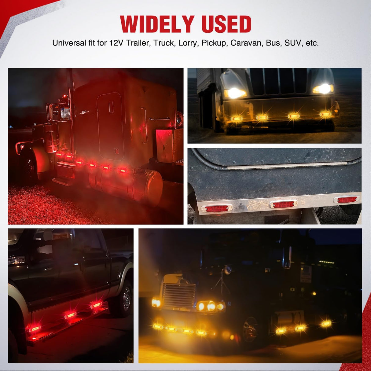 6.3 Inch Amber Red Rectangle Side Marker Light with High Low Strobe | 12 LED IP67 Waterproof Chrome Bezel 12V Surface Mount Marker & Clearance Light Fits Pickup Trucks Trailers RVs Boats,20 Pack
