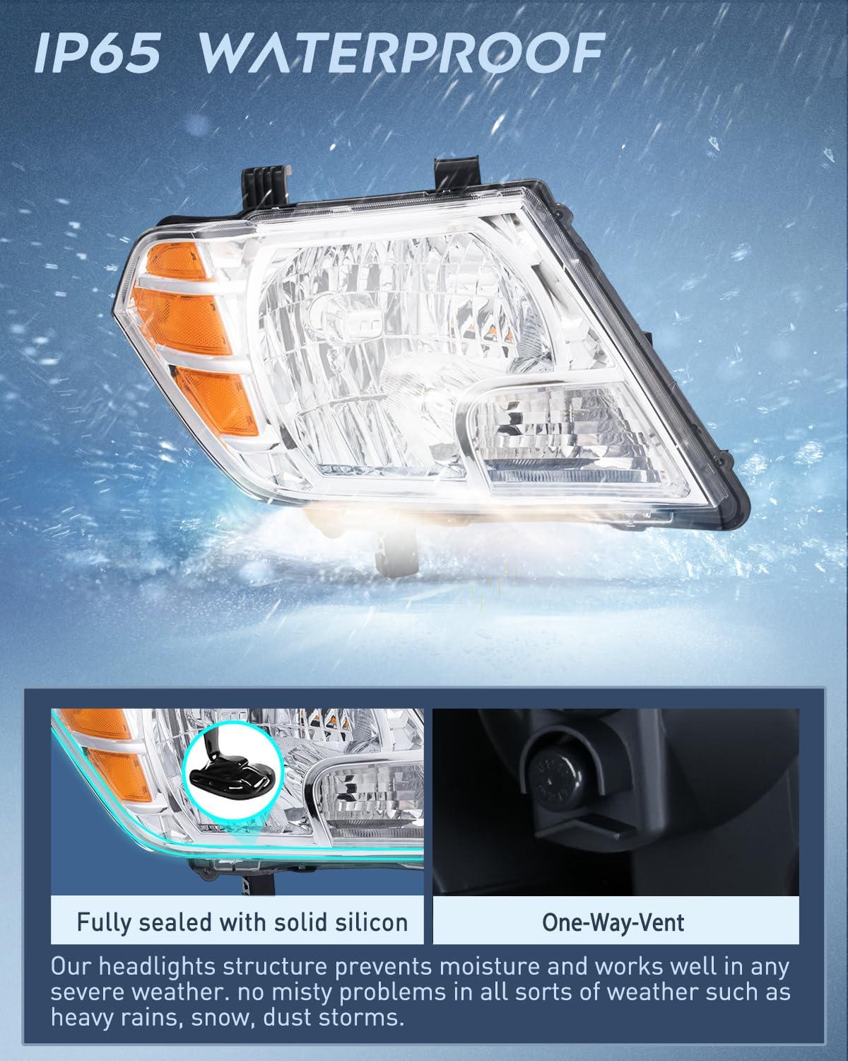 Headlight Assembly Compatible with 2009-2021 Nissan Frontier | 2009-2021 Nissan Frontier 4-Door Sedan Chrome Housing Amber Reflector