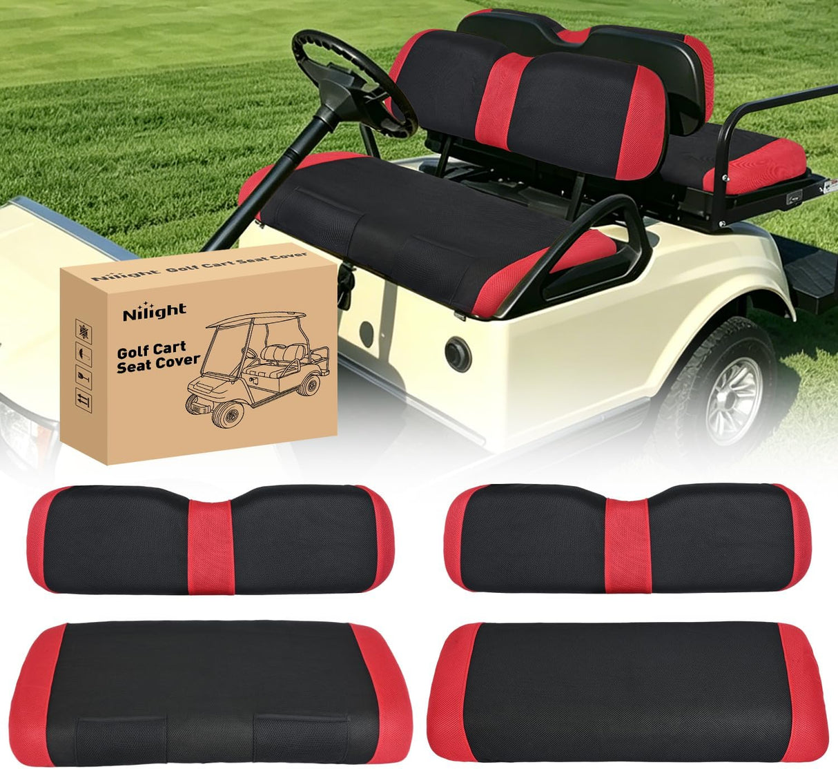 Golf Cart Seat Covers 2PCS Red Black EZGO TXT RXV Club Car DS | Breathable Sandwich Mesh Sun Scratch Resistant Washable No Staple Fits 1994-2013 EZGO TXT RXV and 2000-2026 Club Car DS