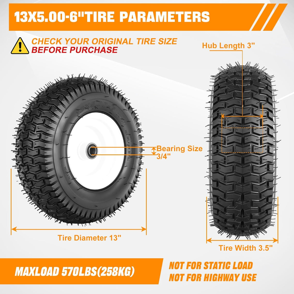13x5.00-6 Lawn Mower Tires, 13 Inch Pneumatic Rubber Tire with 3/4 Inch Axle Bore & 3 Inch Hub Length, Air-Filled Replacement Wheels for Riding Lawn Mowers, 2 Pack