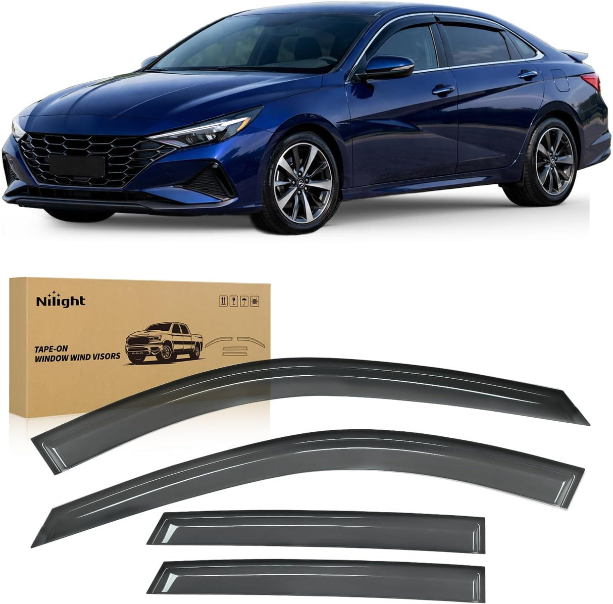 Window Rain Guards for Hyundai Elantra 2021 2022 2023 2024 2025 | Tape-On Window Visors Outside Mount Vent Visors Window Deflectors Fresh Air Ventilation Smoke Tint, 4PCS