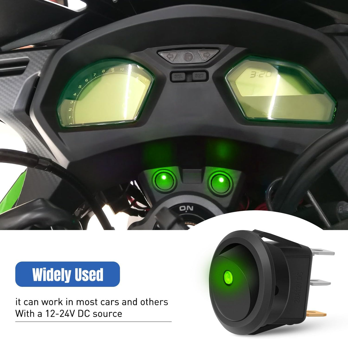 12PCS Round Rocker Switches 12V 24V 20A Green LED Toggle swtiches SPST 3 Pin 2 Position for Car Truck Vehicle Boat Marine Rocker On Off Control