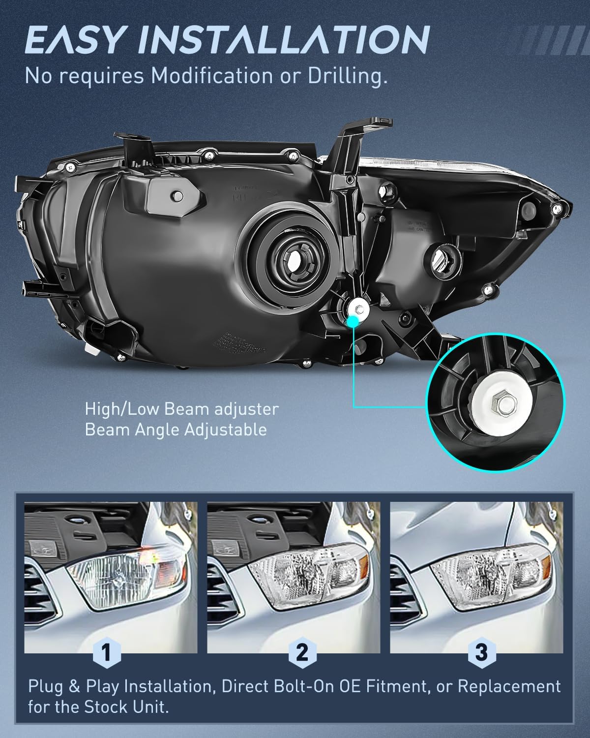 2008-2010 Toyota Highlander Headlight Assembly Chrome Housing Amber Reflector Nilight