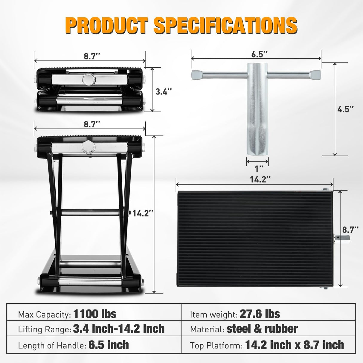 Motorcycle Lift Jack 1100 LBS Motorcycle Scissor Jack Stand Lift with Wide Deck Crank Handle 3.4 Inch-14.2 Inch Steel Scissor Hoist Garage Repair Lift Table Jacks for Motorcycles ATV Dirt Bike, Black