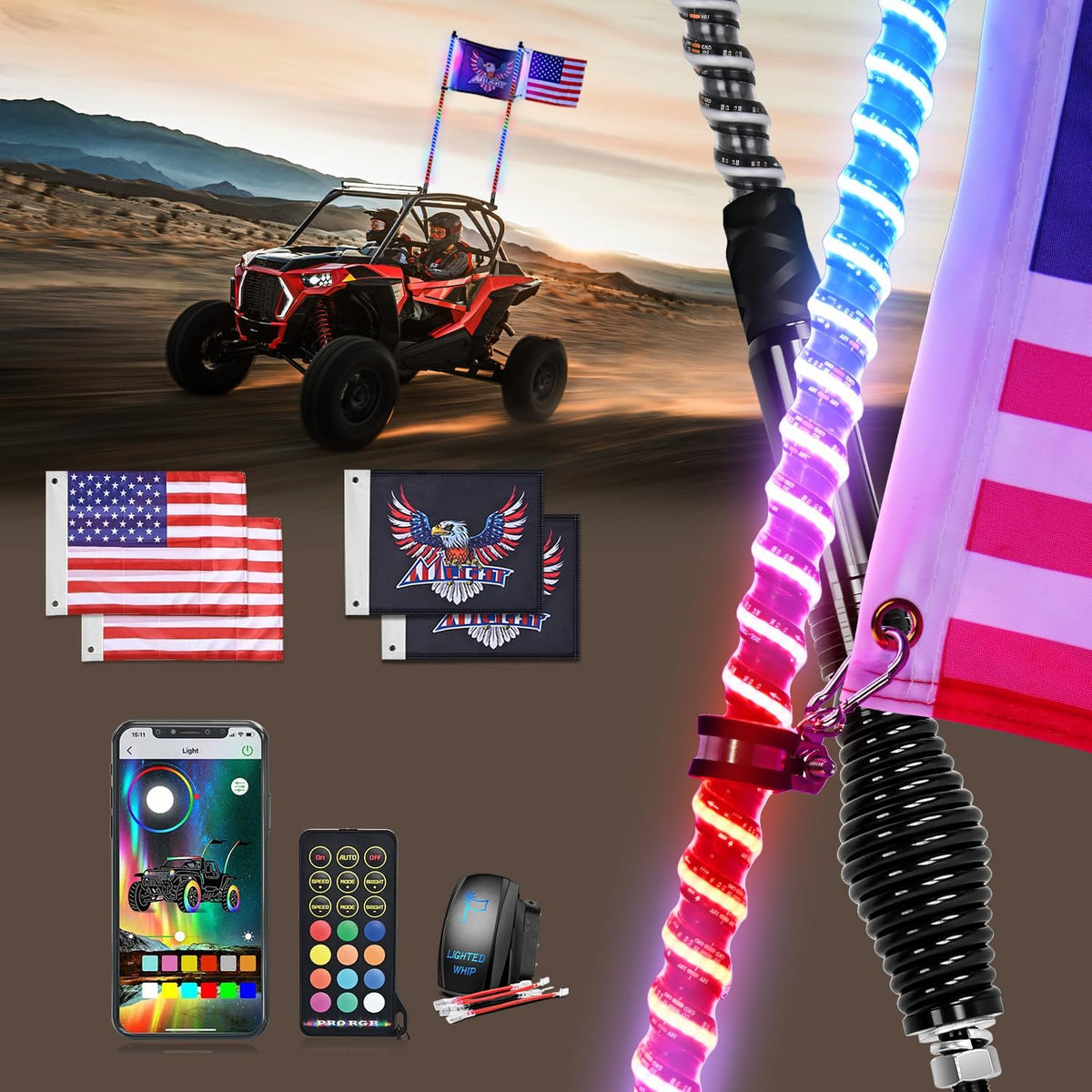 COB RGB LED Whip Light 2PCS 5FT Spiral Antenna Whips | Bluetooth APP and Remote Control with DIY Chasing Patterns Music Sync and Spring Base for ATV UTV RZR Can Am and Truck