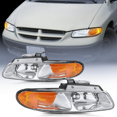 1996-1999 Chrysler Town & Country Dodge Grand Caravan Plymouth Grand Voyager Headlight Assembly Chrome Case Amber Reflector
