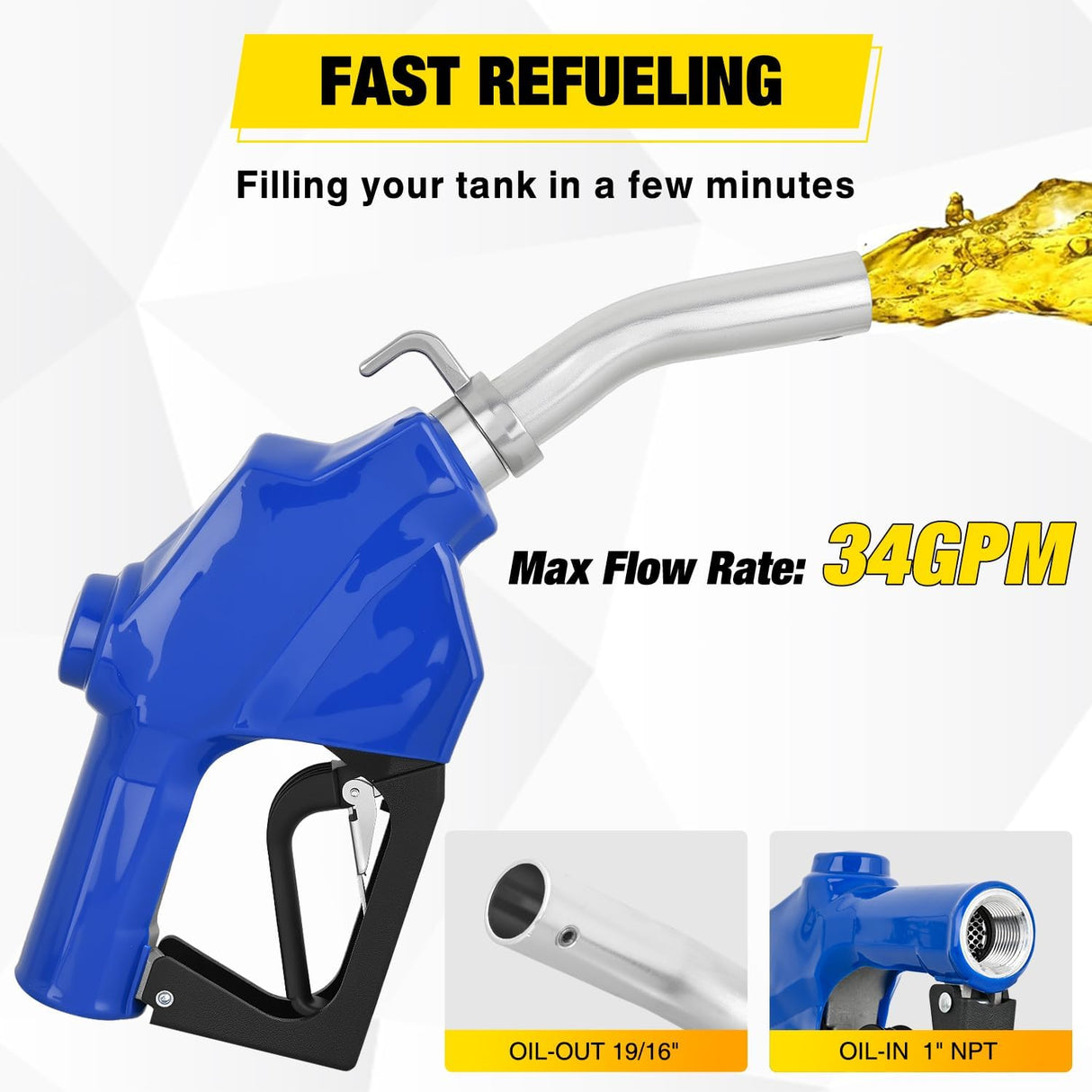 1 Inch NPT Fuel Nozzle with Fuel Hose Swivel, High Flow Auto Shut Off Gas Pump Transfer Refilling Nozzle with Adjustable Speed Padlock for Gasoline, Kerosene, Diesel