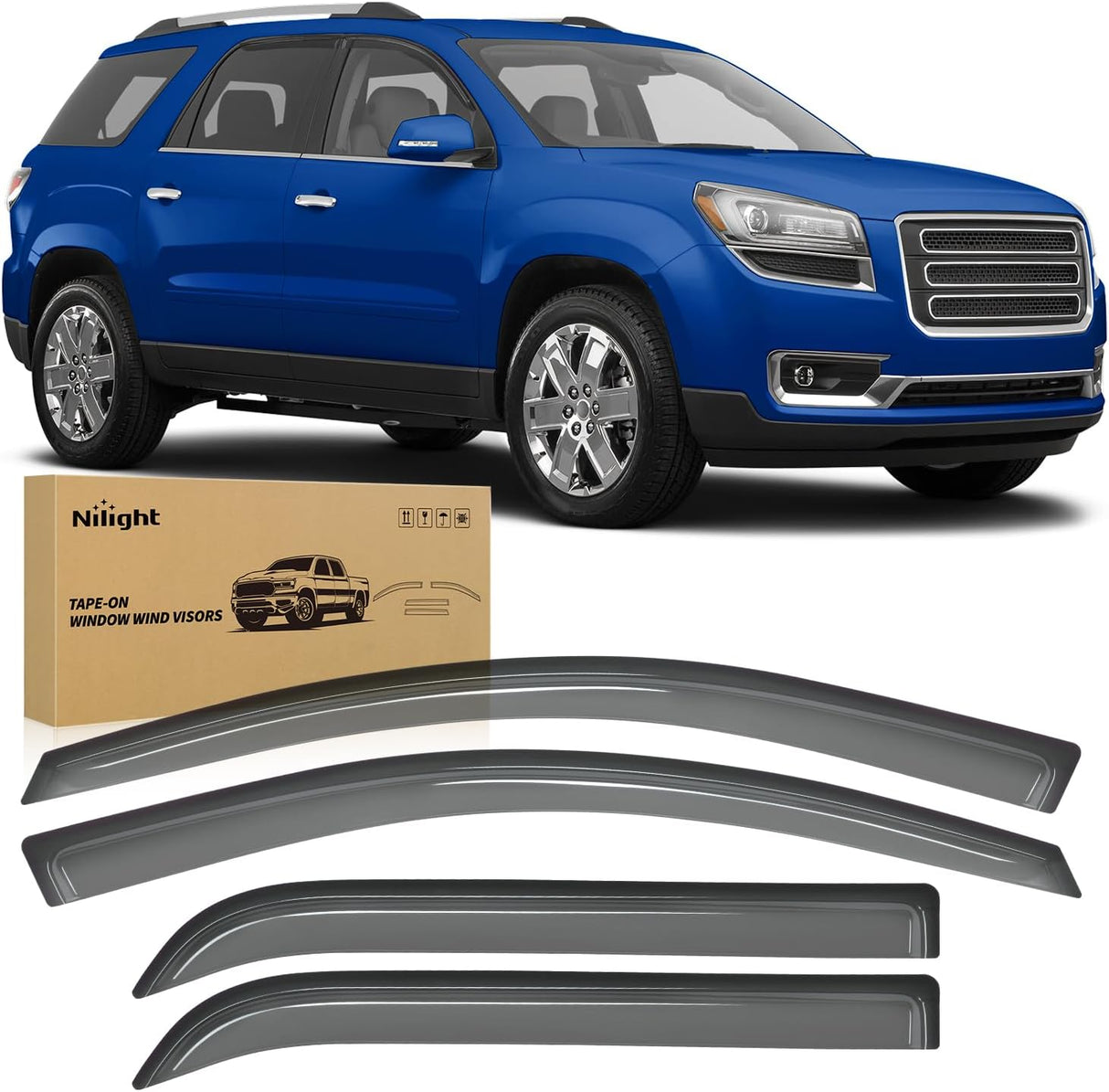 Tape-On Rain Guards for GMC Acadia 2007-2016, 4PCS | Out-Channel Smoke Window Visors, Helps Reduce Wind Noise, Fits Saturn Outlook 2007-2010, 2017 GMC Acadia Limited